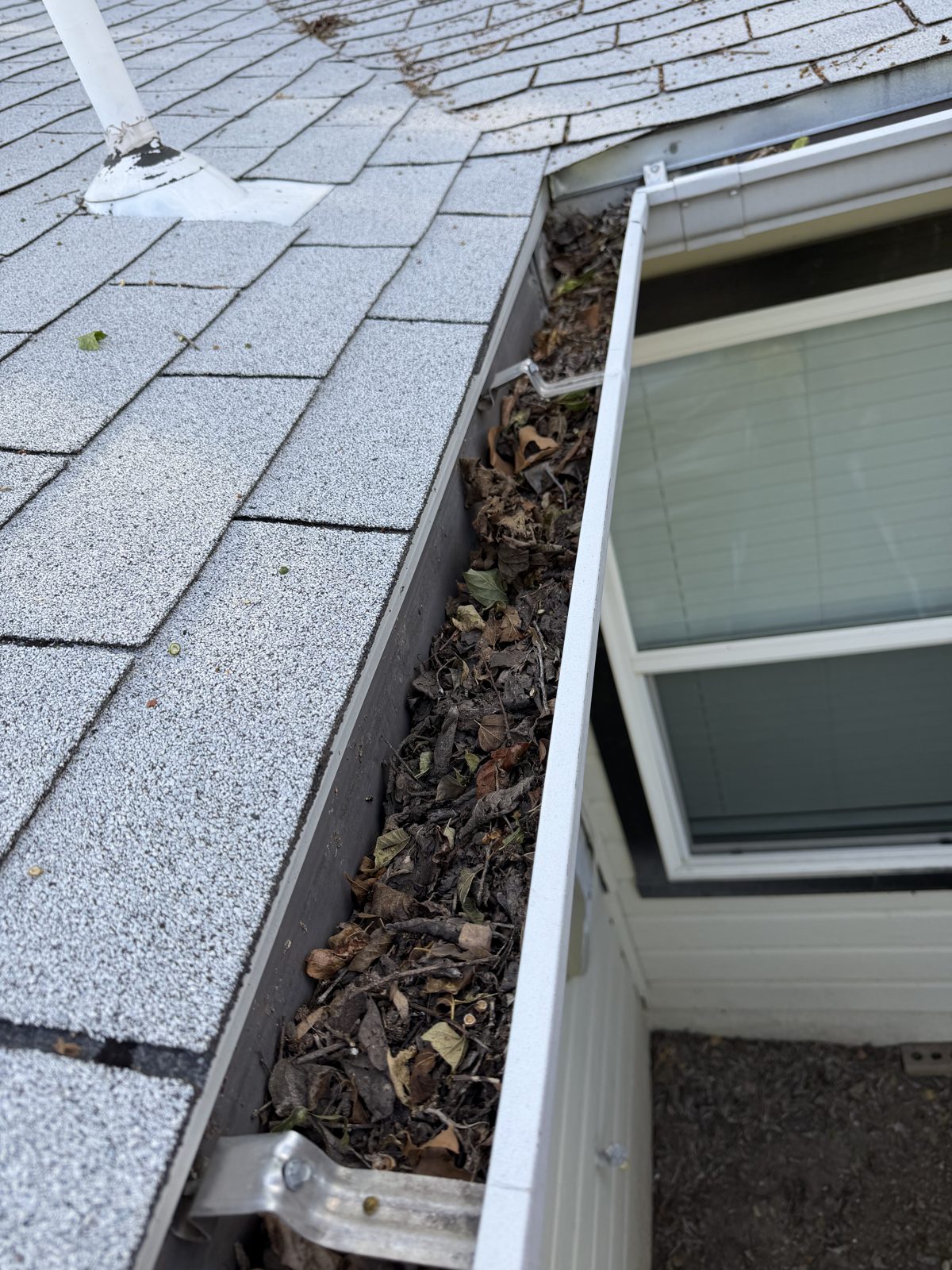 Gutter packed with leaves and debris before professional gutter cleaning
