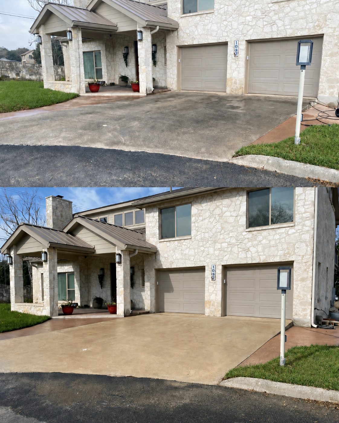 Before and after comparison of driveway pressure washing at a Hill Country stone home