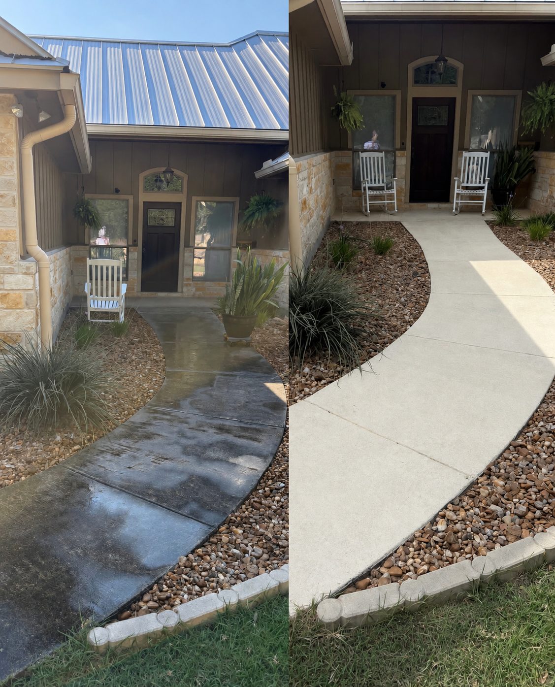 Before and after comparison of a concrete walkway cleaning at a metal-roof ranch home