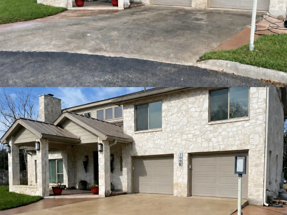 Before and after comparison of driveway pressure washing at a Hill Country stone home